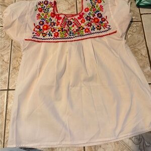 White Embroidered Blouse with Pink Trim